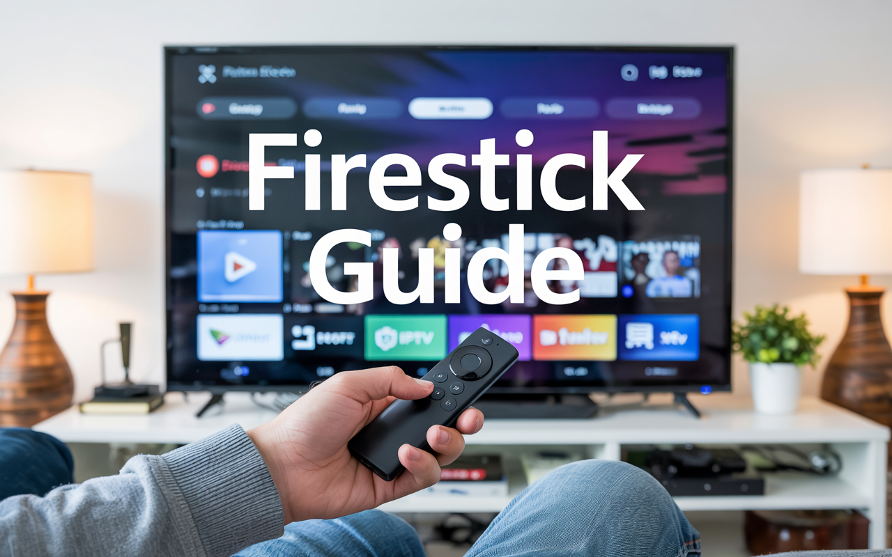 Firestick streaming interface with “FIRESTICK GUIDE” overlay on TV screen