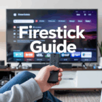 User holding a IPTV Firestick remote with tutorial overlay on TV