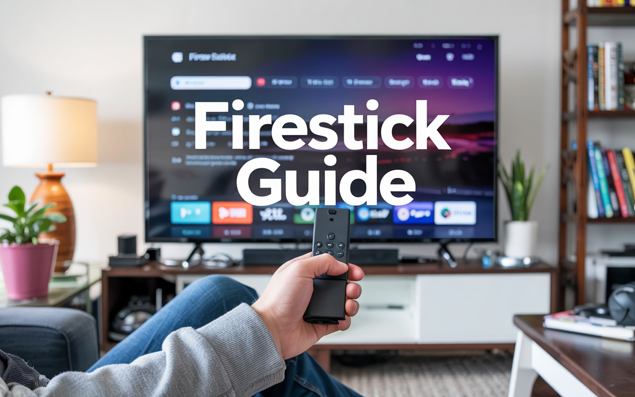 User holding a IPTV Firestick remote with tutorial overlay on TV