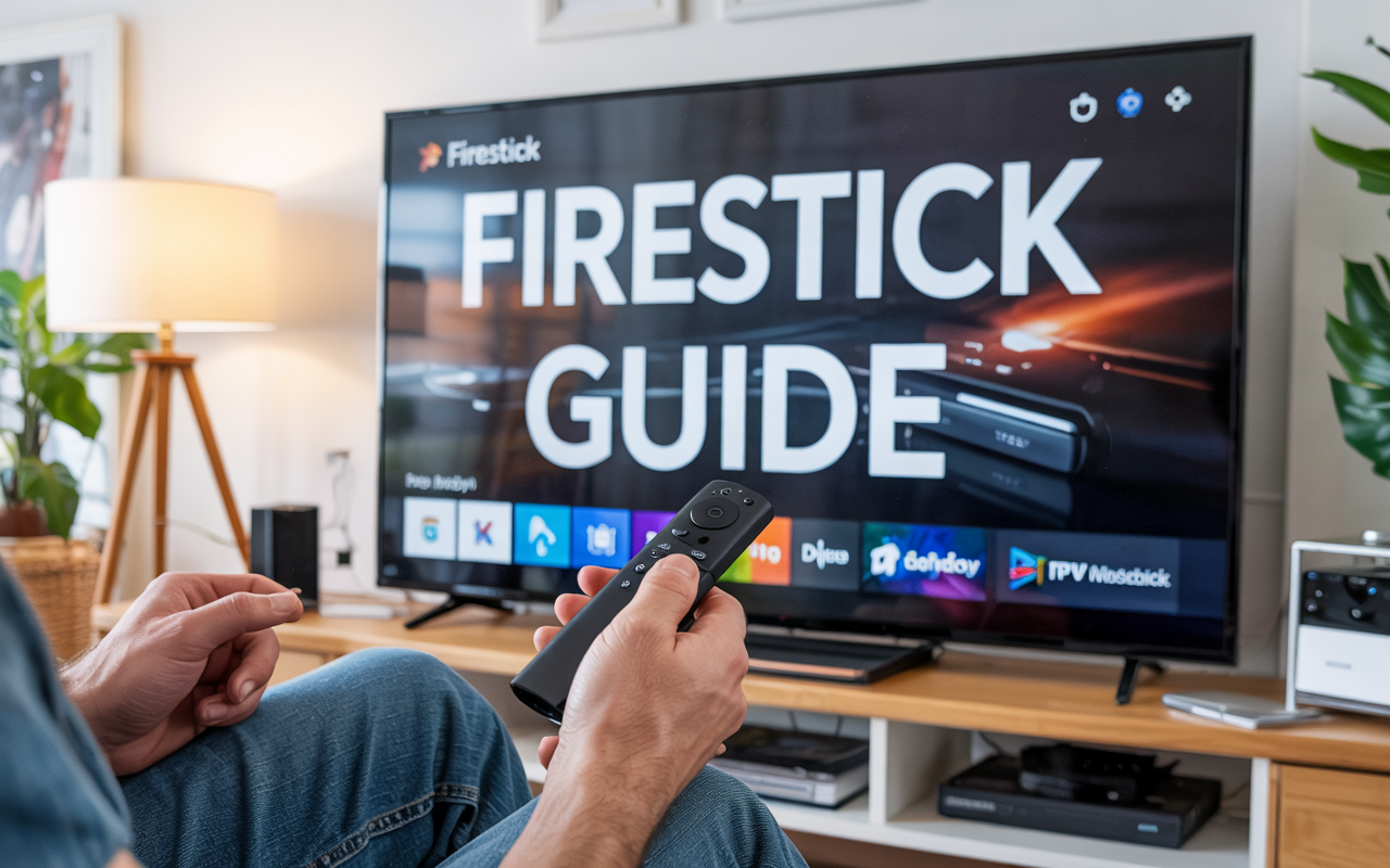 Firestick dashboard with IPTV apps and Firestick Guide text