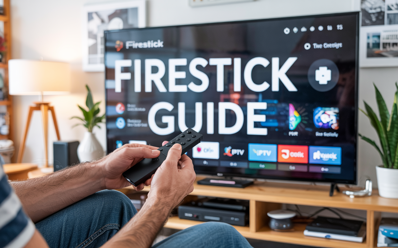 Firestick IPTV home screen with blog tutorial title