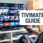 TiviMate IPTV dashboard on Android TV with TIVIMATE GUIDE text