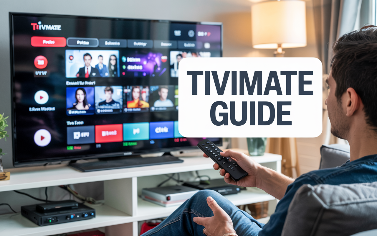 TiviMate IPTV dashboard on Android TV with TIVIMATE GUIDE text