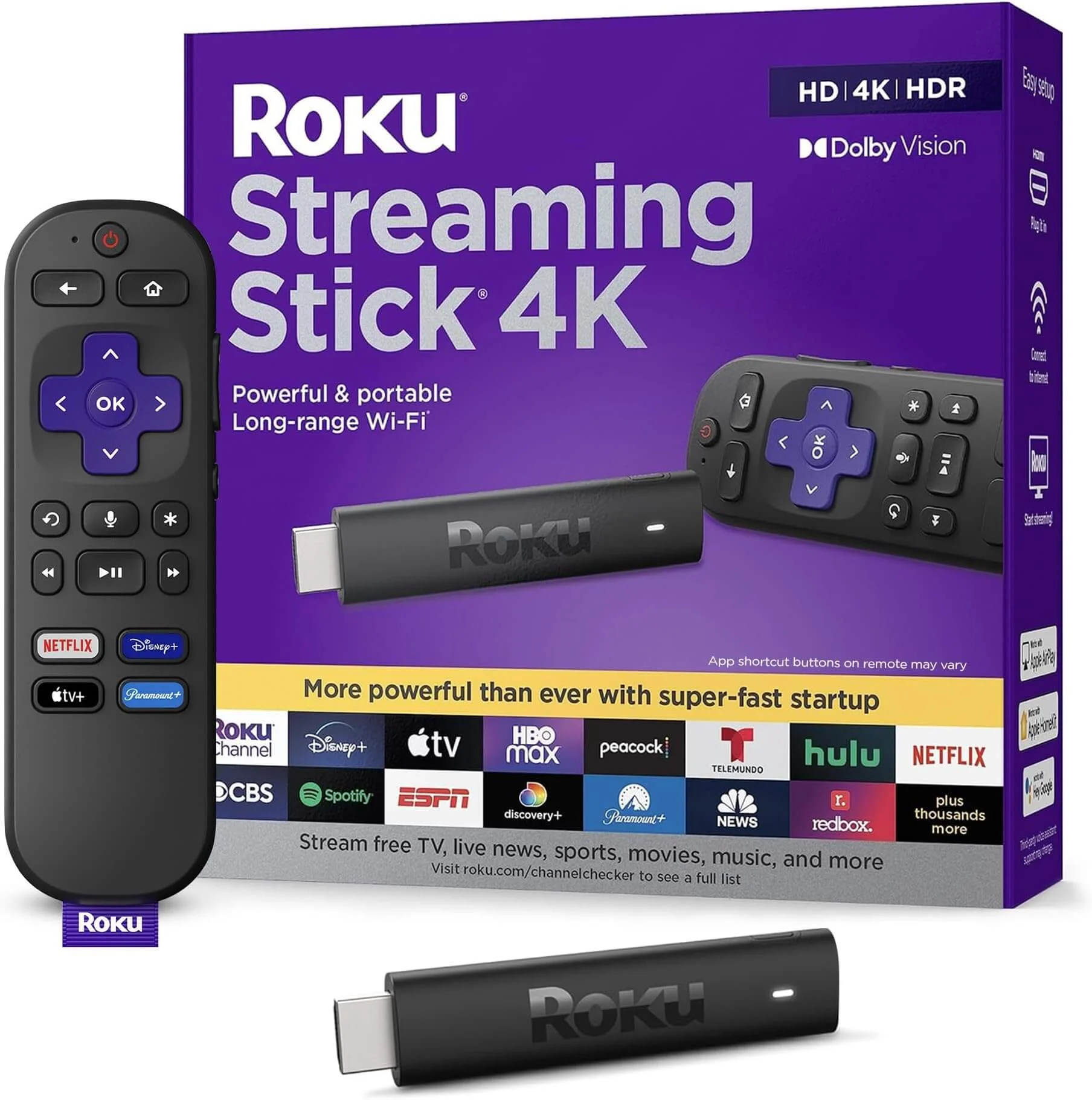 roku streaming stick and remote placed on a table