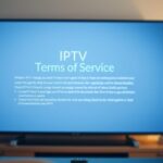 A blurred living room with a large, glowing Smart TV screen displaying the "IPTV Terms of Service" document. The screen shows crisp, legible text against a neutral background, creating a sense of professionalism and legality. A remote control sits nearby, hinting at the interactive nature of IPTV. Soft, warm lighting illuminates the scene, creating a cozy and inviting atmosphere. The overall composition emphasizes the legal aspects of IPTV while maintaining a visually appealing and relatable domestic setting.