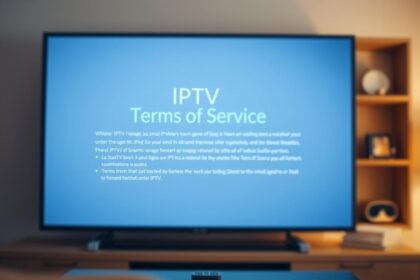 A blurred living room with a large, glowing Smart TV screen displaying the "IPTV Terms of Service" document. The screen shows crisp, legible text against a neutral background, creating a sense of professionalism and legality. A remote control sits nearby, hinting at the interactive nature of IPTV. Soft, warm lighting illuminates the scene, creating a cozy and inviting atmosphere. The overall composition emphasizes the legal aspects of IPTV while maintaining a visually appealing and relatable domestic setting.