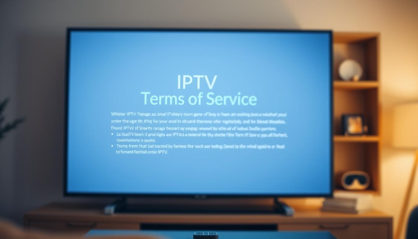 A blurred living room with a large, glowing Smart TV screen displaying the "IPTV Terms of Service" document. The screen shows crisp, legible text against a neutral background, creating a sense of professionalism and legality. A remote control sits nearby, hinting at the interactive nature of IPTV. Soft, warm lighting illuminates the scene, creating a cozy and inviting atmosphere. The overall composition emphasizes the legal aspects of IPTV while maintaining a visually appealing and relatable domestic setting.