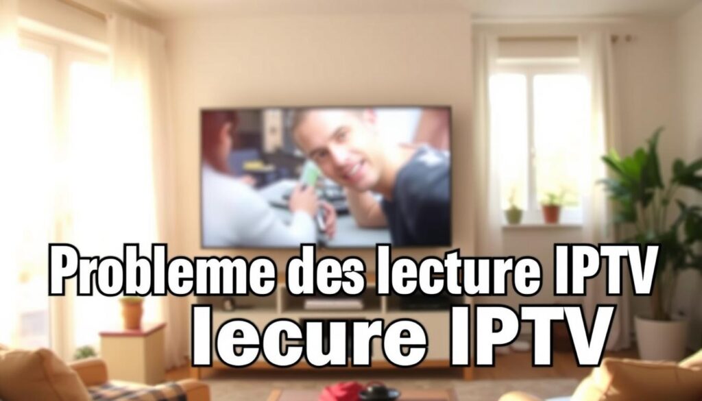 A bright, living room interior with a large flatscreen TV in the center. The TV screen displays a blurred, distorted image, indicating an IPTV connection issue. In the foreground, bold white text is overlaid on the screen, reading "Problème de lecture IPTV". The room is bathed in warm, natural lighting from windows, creating a cozy, domestic atmosphere. The background is slightly blurred, depicting a well-furnished living space with minimal clutter, suggesting a comfortable, modern home environment.