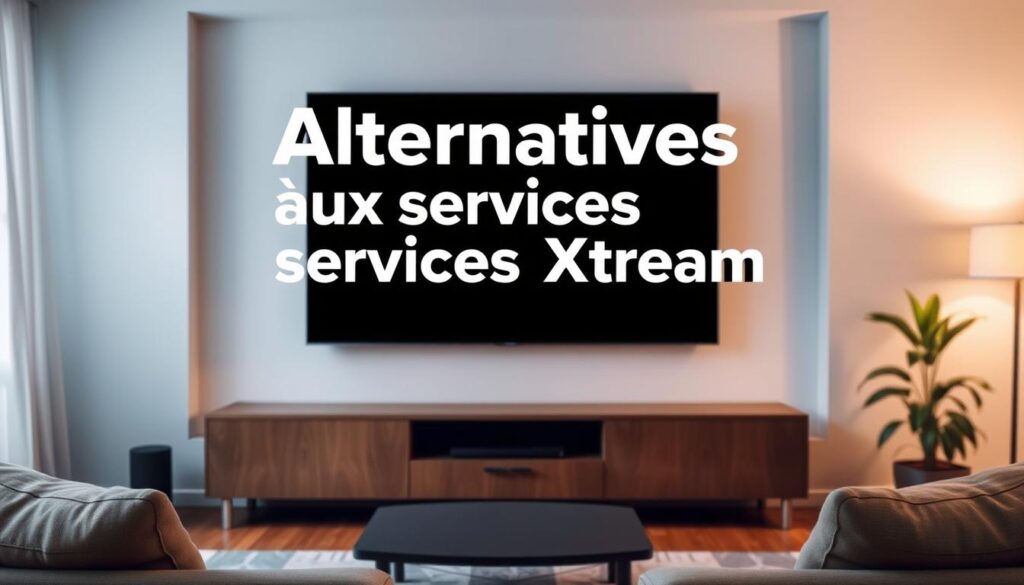 A comfortably furnished living room with a large flat-screen television in the center. The television screen displays a bold, white text overlay detailing "Alternatives aux services Xtream" against a slightly blurred, ambient background. The room is softly lit, creating a warm, inviting atmosphere, drawing the viewer's attention to the central screen. The overall composition and styling suggest a modern, minimalist aesthetic, focusing the viewer's focus on the informative content displayed.