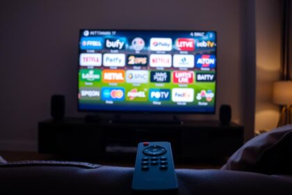 A cozy living room with a large 4K Smart TV screen glowing softly, displaying various sports channel logos and live footage. The room is dimly lit, creating a warm and inviting atmosphere. A sleek, modern remote control rests on a plush leather couch, hinting at the user's ability to easily navigate the IPTV service and access a wide range of live sports content. The scene conveys the excitement and convenience of watching sports events from the comfort of home with a top IPTV provider.