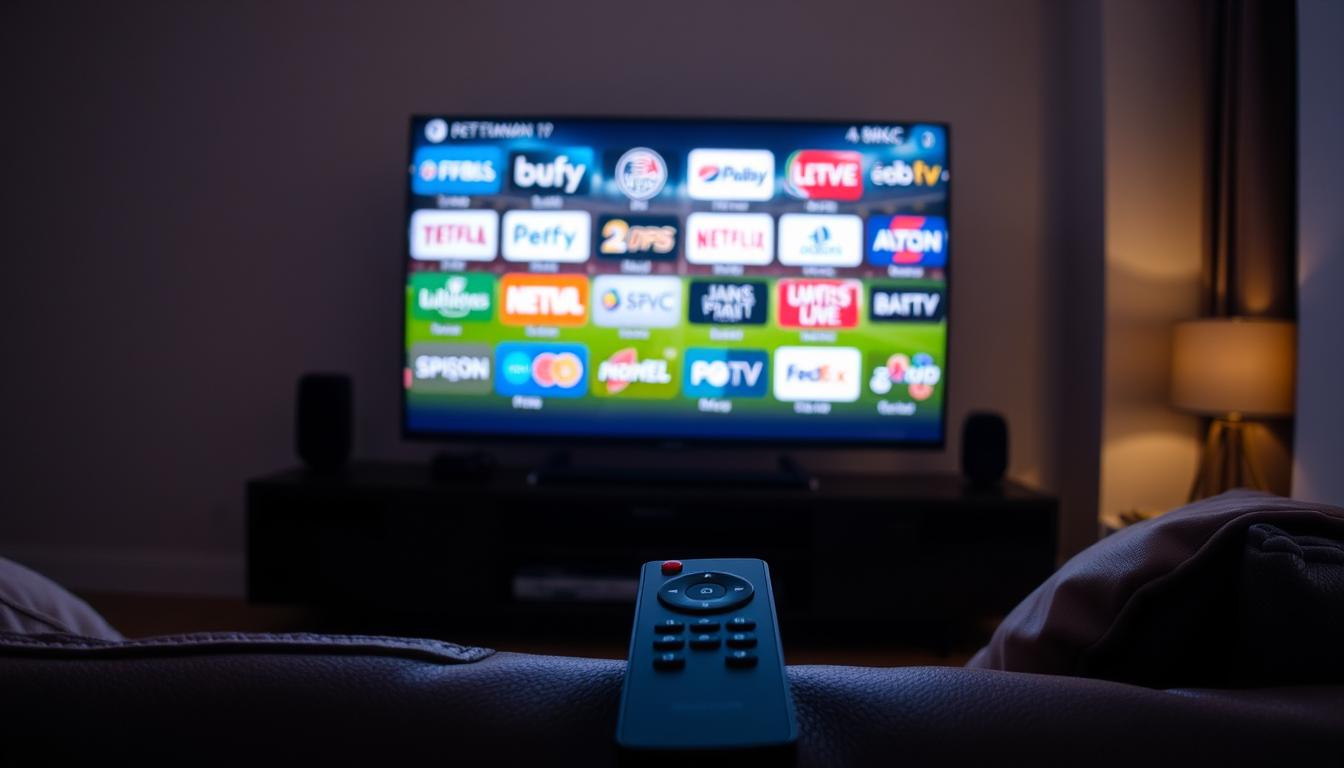 A cozy living room with a large 4K Smart TV screen glowing softly, displaying various sports channel logos and live footage. The room is dimly lit, creating a warm and inviting atmosphere. A sleek, modern remote control rests on a plush leather couch, hinting at the user's ability to easily navigate the IPTV service and access a wide range of live sports content. The scene conveys the excitement and convenience of watching sports events from the comfort of home with a top IPTV provider.