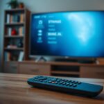 A cozy living room with a large, flat-screen Smart TV taking center stage, its display glowing softly in the dim lighting. On a coffee table in the foreground, a modern, sleek remote control rests, ready to navigate the user through the IPTV interface. The room is bathed in a warm, inviting atmosphere, hinting at the ease and convenience of the IPTV system. In the background, a blurred bookshelf and potted plants suggest a well-appointed, comfortable space, perfect for an immersive IPTV experience. The composition emphasizes the centrality of the TV and the remote, conveying the seamless connectivity and user-friendly nature of the IPTV service.