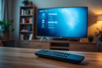 A cozy living room with a large, flat-screen Smart TV taking center stage, its display glowing softly in the dim lighting. On a coffee table in the foreground, a modern, sleek remote control rests, ready to navigate the user through the IPTV interface. The room is bathed in a warm, inviting atmosphere, hinting at the ease and convenience of the IPTV system. In the background, a blurred bookshelf and potted plants suggest a well-appointed, comfortable space, perfect for an immersive IPTV experience. The composition emphasizes the centrality of the TV and the remote, conveying the seamless connectivity and user-friendly nature of the IPTV service.