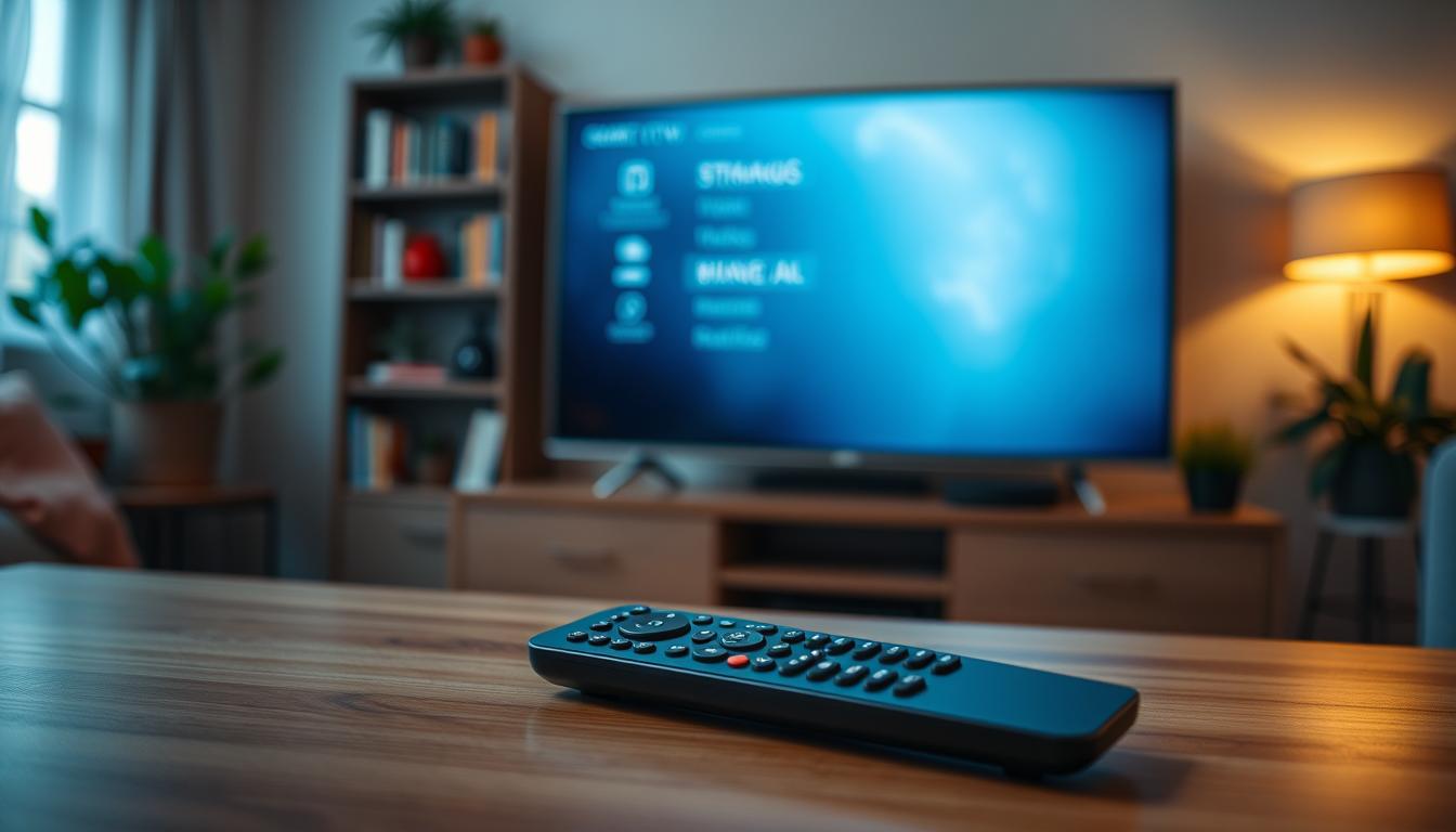 A cozy living room with a large, flat-screen Smart TV taking center stage, its display glowing softly in the dim lighting. On a coffee table in the foreground, a modern, sleek remote control rests, ready to navigate the user through the IPTV interface. The room is bathed in a warm, inviting atmosphere, hinting at the ease and convenience of the IPTV system. In the background, a blurred bookshelf and potted plants suggest a well-appointed, comfortable space, perfect for an immersive IPTV experience. The composition emphasizes the centrality of the TV and the remote, conveying the seamless connectivity and user-friendly nature of the IPTV service.