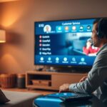 A cozy living room with a large, glowing Smart TV screen displaying a customer service interface. In the foreground, a person in a headset sits at a desk, focused on assisting a caller. Soft, warm lighting sets a professional yet approachable atmosphere. The remote control lies on a side table, hinting at the seamless integration of technology and customer support. The scene conveys an efficient, responsive IPTV service that prioritizes quality interactions with its users.