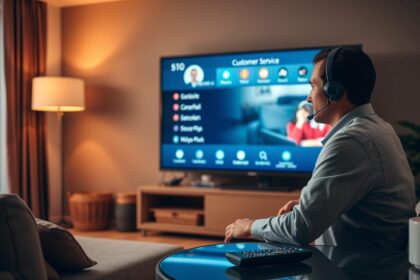 A cozy living room with a large, glowing Smart TV screen displaying a customer service interface. In the foreground, a person in a headset sits at a desk, focused on assisting a caller. Soft, warm lighting sets a professional yet approachable atmosphere. The remote control lies on a side table, hinting at the seamless integration of technology and customer support. The scene conveys an efficient, responsive IPTV service that prioritizes quality interactions with its users.