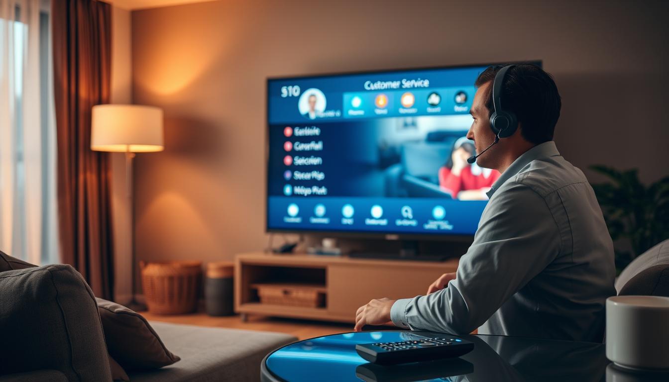 A cozy living room with a large, glowing Smart TV screen displaying a customer service interface. In the foreground, a person in a headset sits at a desk, focused on assisting a caller. Soft, warm lighting sets a professional yet approachable atmosphere. The remote control lies on a side table, hinting at the seamless integration of technology and customer support. The scene conveys an efficient, responsive IPTV service that prioritizes quality interactions with its users.
