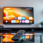 A cozy living room with a large, sleek Smart TV mounted on the wall, its screen glowing with a warm, inviting light. In the foreground, a modern remote control sits atop a glass coffee table, ready to navigate the IPTV menu. The room is softly lit, creating a relaxed atmosphere, with subtle shadows and highlights that accentuate the TV's crisp, high-definition display. The overall scene conveys the ease and convenience of setting up an IPTV subscription, ready to provide endless entertainment options.