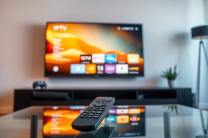 A cozy living room with a large, sleek Smart TV mounted on the wall, its screen glowing with a warm, inviting light. In the foreground, a modern remote control sits atop a glass coffee table, ready to navigate the IPTV menu. The room is softly lit, creating a relaxed atmosphere, with subtle shadows and highlights that accentuate the TV's crisp, high-definition display. The overall scene conveys the ease and convenience of setting up an IPTV subscription, ready to provide endless entertainment options.