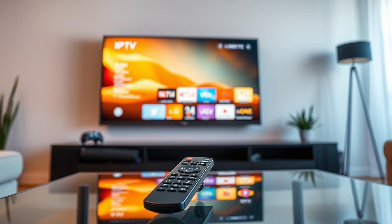 A cozy living room with a large, sleek Smart TV mounted on the wall, its screen glowing with a warm, inviting light. In the foreground, a modern remote control sits atop a glass coffee table, ready to navigate the IPTV menu. The room is softly lit, creating a relaxed atmosphere, with subtle shadows and highlights that accentuate the TV's crisp, high-definition display. The overall scene conveys the ease and convenience of setting up an IPTV subscription, ready to provide endless entertainment options.