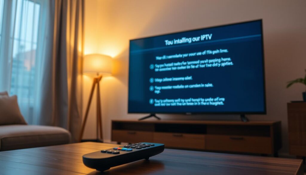 A cozy living room with a large smart TV screen glowing softly, illuminating the space. In the foreground, a remote control sits on a coffee table, ready to guide the user through the IPTV installation process. The room is bathed in warm, diffused lighting, creating a welcoming atmosphere. The TV screen displays a step-by-step guide, walking the viewer through the setup of their IPTV service, with intuitive on-screen instructions. The overall scene conveys the ease and simplicity of the IPTV installation, inviting the viewer to dive into the world of endless entertainment.