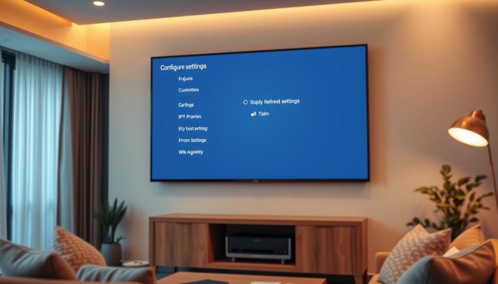 A cozy living room with a large, wall-mounted TV screen in the center. The TV displays a clear, crisp interface of the IPTV Smarters app, showcasing its intuitive configuration settings. The background is softly blurred, creating a sense of depth and focus on the central display. The interface features bold, white typography detailing the various options and settings, allowing the user to easily navigate and customize the IPTV experience. Warm, ambient lighting illuminates the scene, creating a welcoming and inviting atmosphere for the user to explore the app's configuration.