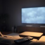 A dimly lit living room, the glow of a large Smart TV screen casting a soft, ethereal light across the space. In the foreground, a sleek remote control rests on a plush couch, hinting at the legal complexities surrounding IPTV streaming. The middle ground is shrouded in a gentle haze, as if the boundaries of legality are blurred. In the background, shadows whisper of the potential risks and rewards of this emerging technology. The overall atmosphere is one of contemplation, inviting the viewer to ponder the nuances of IPTV's legal landscape.