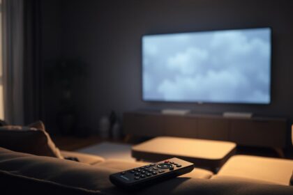 A dimly lit living room, the glow of a large Smart TV screen casting a soft, ethereal light across the space. In the foreground, a sleek remote control rests on a plush couch, hinting at the legal complexities surrounding IPTV streaming. The middle ground is shrouded in a gentle haze, as if the boundaries of legality are blurred. In the background, shadows whisper of the potential risks and rewards of this emerging technology. The overall atmosphere is one of contemplation, inviting the viewer to ponder the nuances of IPTV's legal landscape.