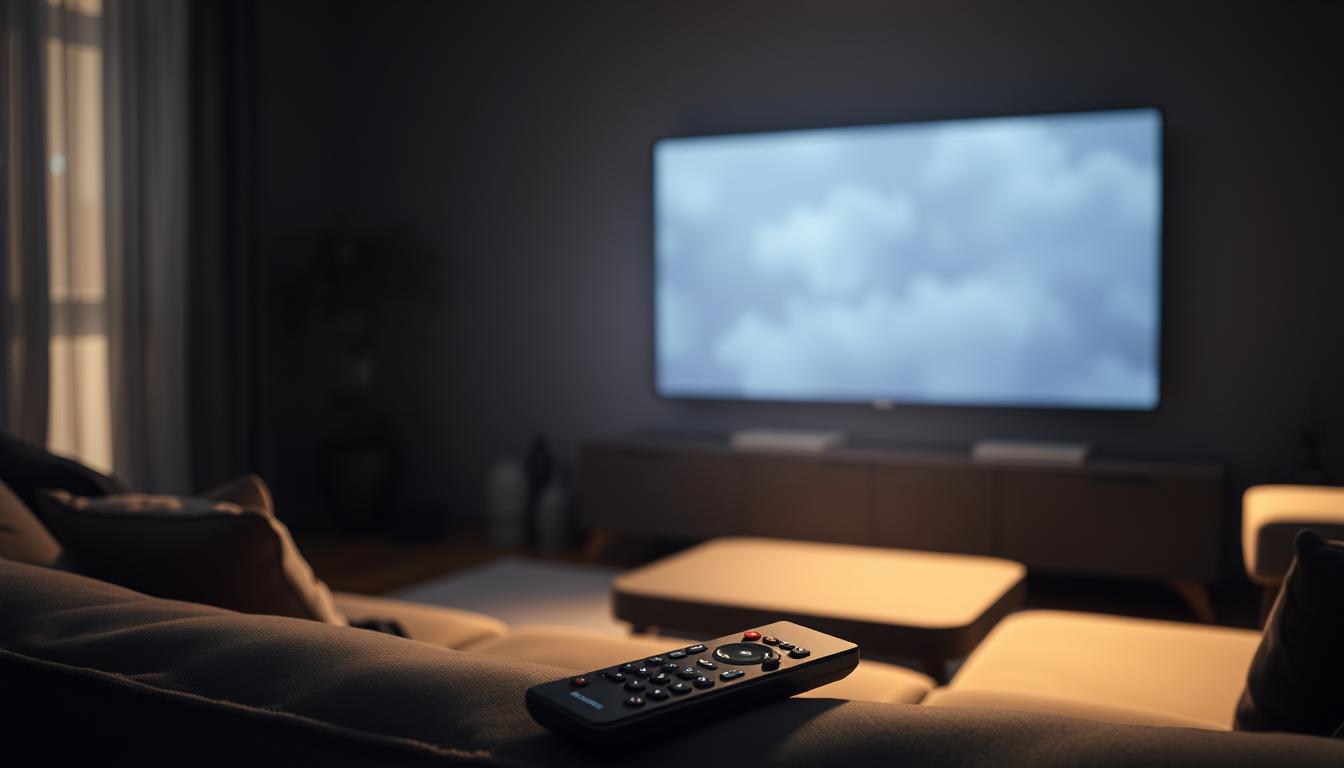 A dimly lit living room, the glow of a large Smart TV screen casting a soft, ethereal light across the space. In the foreground, a sleek remote control rests on a plush couch, hinting at the legal complexities surrounding IPTV streaming. The middle ground is shrouded in a gentle haze, as if the boundaries of legality are blurred. In the background, shadows whisper of the potential risks and rewards of this emerging technology. The overall atmosphere is one of contemplation, inviting the viewer to ponder the nuances of IPTV's legal landscape.