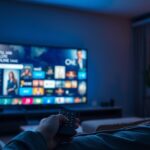 A dimly lit living room with a large, high-definition Smart TV screen casting a soft, pulsating glow. A hand-held remote control rests on a plush, neutral-toned sofa, hinting at the immersive movie-watching experience about to unfold. The room is bathed in warm, ambient lighting, creating a cozy, inviting atmosphere. In the background, subtle hints of streaming service menus and movie thumbnails are visible on the TV screen, suggesting the vast library of IPTV content available at the user's fingertips.