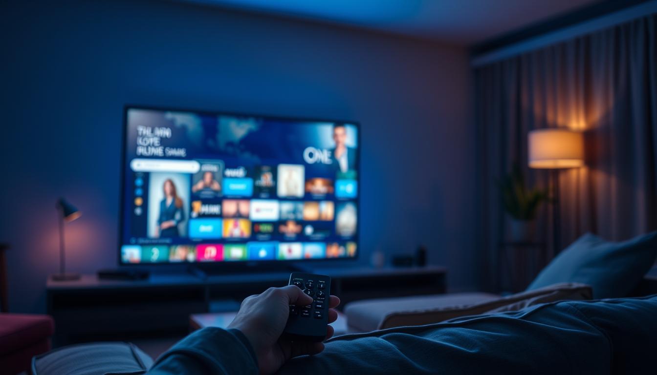 A dimly lit living room with a large, high-definition Smart TV screen casting a soft, pulsating glow. A hand-held remote control rests on a plush, neutral-toned sofa, hinting at the immersive movie-watching experience about to unfold. The room is bathed in warm, ambient lighting, creating a cozy, inviting atmosphere. In the background, subtle hints of streaming service menus and movie thumbnails are visible on the TV screen, suggesting the vast library of IPTV content available at the user's fingertips.