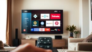A living room in soft, warm lighting, with a large Smart TV screen in the center, displaying a selection of IPTV app icons. A blurred foreground with a remote control in the foreground, hinting at the user's interaction. The TV screen showcases popular IPTV apps for the Fire Stick, such as Kodi, Tivimate, and SmartIPTV, against a neutral background that complements the cozy atmosphere. The composition emphasizes the TV as the focal point, highlighting the IPTV apps available for the Fire Stick device.