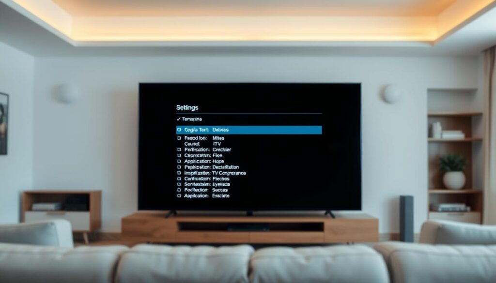 A modern living room with a large TV screen taking up the center, displaying the settings menu for an IPTV application, the screen filled with bold white text and icons. The room is slightly out of focus in the background, creating a sense of depth and drawing the eye to the central display. Soft, diffused lighting illuminates the scene, creating a calm and focused atmosphere. The overall composition is clean and minimalist, emphasizing the technical details of the IPTV configuration interface.