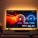 A modern living room with a large, sleek Smart TV screen glowing softly in a warm, ambient light. The TV screen displays a vibrant, high-definition image of an IPTV streaming platform, showcasing a speedometer visualization that illustrates the fast, reliable internet connection powering the seamless streaming experience. A minimalist, contemporary remote control sits nearby, highlighting the ease of use and convenience of the IPTV service. The room is bathed in a comforting, cozy atmosphere, conveying the idea of a comfortable, high-quality home entertainment setup.