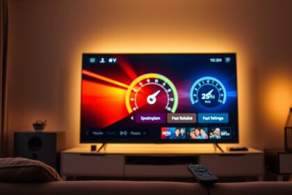 A modern living room with a large, sleek Smart TV screen glowing softly in a warm, ambient light. The TV screen displays a vibrant, high-definition image of an IPTV streaming platform, showcasing a speedometer visualization that illustrates the fast, reliable internet connection powering the seamless streaming experience. A minimalist, contemporary remote control sits nearby, highlighting the ease of use and convenience of the IPTV service. The room is bathed in a comforting, cozy atmosphere, conveying the idea of a comfortable, high-quality home entertainment setup.