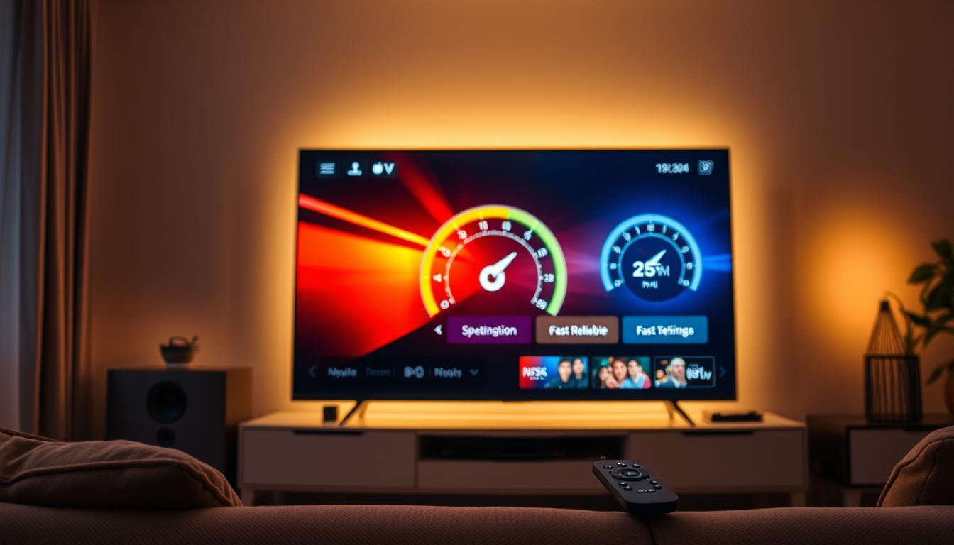 A modern living room with a large, sleek Smart TV screen glowing softly in a warm, ambient light. The TV screen displays a vibrant, high-definition image of an IPTV streaming platform, showcasing a speedometer visualization that illustrates the fast, reliable internet connection powering the seamless streaming experience. A minimalist, contemporary remote control sits nearby, highlighting the ease of use and convenience of the IPTV service. The room is bathed in a comforting, cozy atmosphere, conveying the idea of a comfortable, high-quality home entertainment setup.