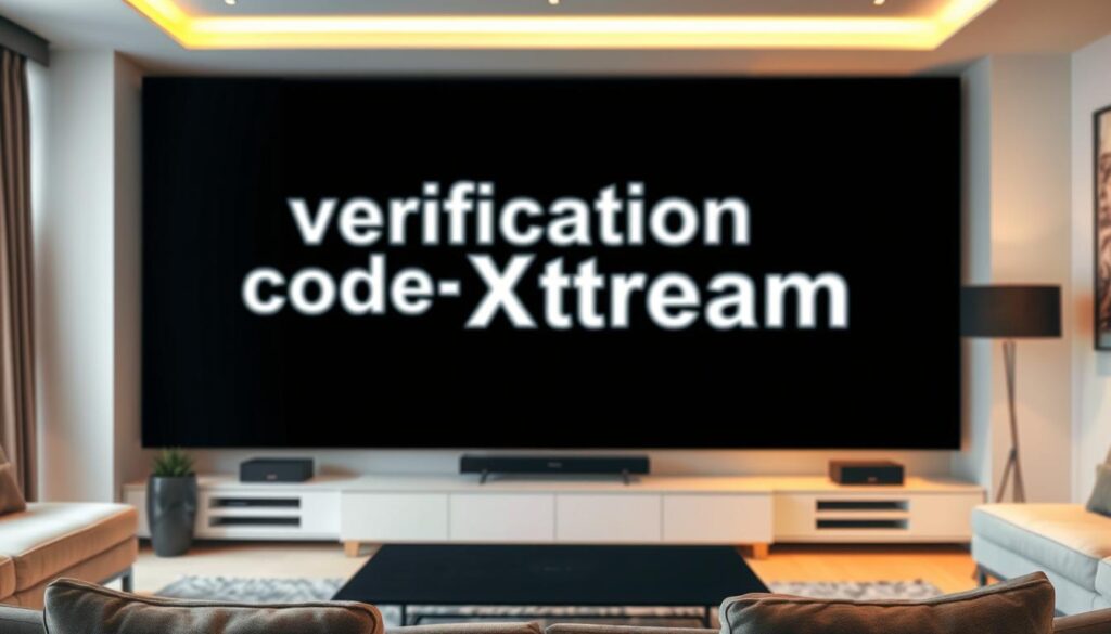 A modern, minimalist living room with a large TV screen taking up the center of the frame. The screen displays the text "vérification code Xtream" in bold, white, sans-serif font, prominently positioned and slightly blurred to draw the eye. The room's background is softly out of focus, with the faint outlines of furniture and walls visible, creating a sense of depth and context. The lighting is warm and indirect, casting a gentle glow on the screen and lending a cozy, inviting atmosphere to the scene.