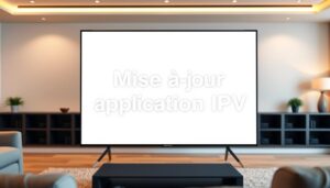 A sleek, modern living room with a large flat-screen TV as the focal point. The TV screen is displaying the text "Mise à jour application IPTV" in a bold, white font, centered and prominently featured. The room is slightly blurred in the background, creating a sense of depth and emphasis on the screen. The lighting is soft and warm, creating a cozy and inviting atmosphere. The composition is well-balanced, with the TV screen taking up a significant portion of the frame, making it the clear subject of the image.