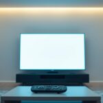 A sleek, modern living room with a large, high-definition Smart TV screen glowing in soft, ambient light. The room is minimally decorated, with clean lines and a neutral color palette. A wireless remote control is prominently displayed on a low, modern coffee table, highlighting the convenience and accessibility of the IPTV service. The lighting is warm and inviting, creating a cozy atmosphere that suggests a seamless, distraction-free streaming experience. The overall scene conveys a sense of simplicity, efficiency, and a focus on the content being enjoyed on the screen.