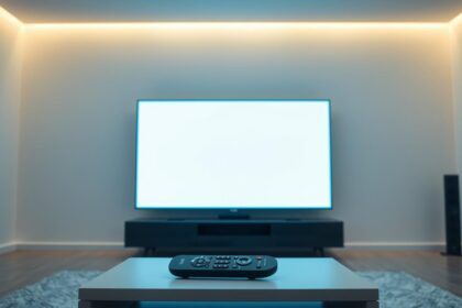 A sleek, modern living room with a large, high-definition Smart TV screen glowing in soft, ambient light. The room is minimally decorated, with clean lines and a neutral color palette. A wireless remote control is prominently displayed on a low, modern coffee table, highlighting the convenience and accessibility of the IPTV service. The lighting is warm and inviting, creating a cozy atmosphere that suggests a seamless, distraction-free streaming experience. The overall scene conveys a sense of simplicity, efficiency, and a focus on the content being enjoyed on the screen.