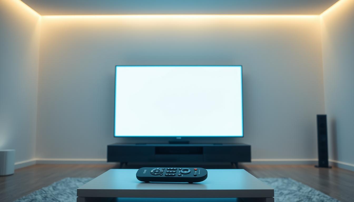 A sleek, modern living room with a large, high-definition Smart TV screen glowing in soft, ambient light. The room is minimally decorated, with clean lines and a neutral color palette. A wireless remote control is prominently displayed on a low, modern coffee table, highlighting the convenience and accessibility of the IPTV service. The lighting is warm and inviting, creating a cozy atmosphere that suggests a seamless, distraction-free streaming experience. The overall scene conveys a sense of simplicity, efficiency, and a focus on the content being enjoyed on the screen.
