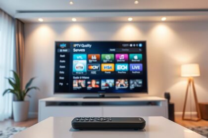 A well-lit living room with a large, modern Smart TV screen displaying a stable, high-quality IPTV server interface. The TV's soft glow illuminates the space, creating a warm and inviting atmosphere. In the foreground, a sleek remote control lies on a minimalist coffee table, suggesting effortless control over the seamless IPTV experience. The room's decor is modern and uncluttered, allowing the focus to remain on the TV and its reliable, buffering-free IPTV performance.