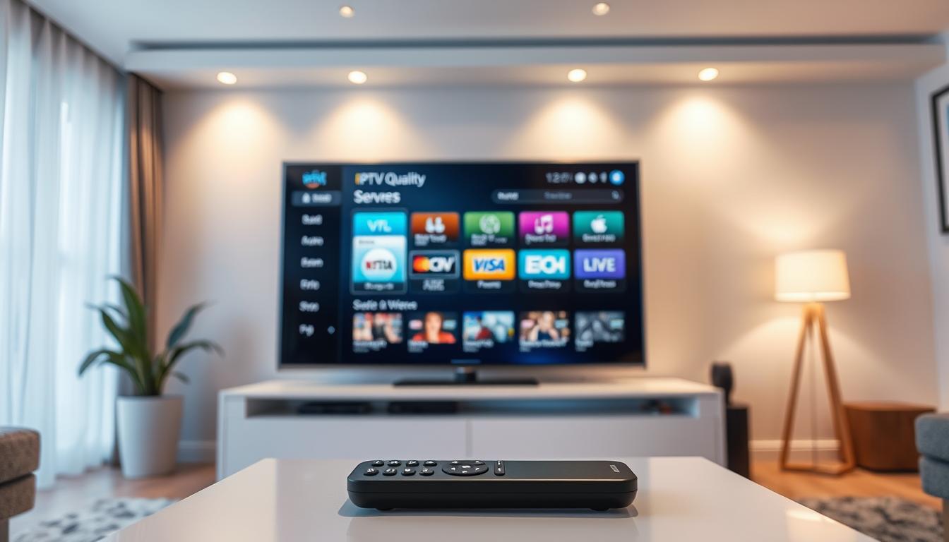 A well-lit living room with a large, modern Smart TV screen displaying a stable, high-quality IPTV server interface. The TV's soft glow illuminates the space, creating a warm and inviting atmosphere. In the foreground, a sleek remote control lies on a minimalist coffee table, suggesting effortless control over the seamless IPTV experience. The room's decor is modern and uncluttered, allowing the focus to remain on the TV and its reliable, buffering-free IPTV performance.