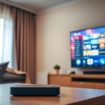 A well-lit living room with a sleek, modern Smart TV mounted on the wall. On a coffee table in the foreground, a high-end IPTV streaming box sits next to a minimalist remote control. The room is bathed in a warm, soft glow, creating a cozy atmosphere. The TV screen displays a vibrant, colorful interface showcasing a wide selection of popular live TV channels, hinting at the vast content available through the IPTV service. The overall scene conveys a sense of ease and convenience, suggesting the simplicity of setting up and enjoying a comprehensive IPTV subscription.