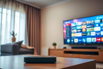 A well-lit living room with a sleek, modern Smart TV mounted on the wall. On a coffee table in the foreground, a high-end IPTV streaming box sits next to a minimalist remote control. The room is bathed in a warm, soft glow, creating a cozy atmosphere. The TV screen displays a vibrant, colorful interface showcasing a wide selection of popular live TV channels, hinting at the vast content available through the IPTV service. The overall scene conveys a sense of ease and convenience, suggesting the simplicity of setting up and enjoying a comprehensive IPTV subscription.