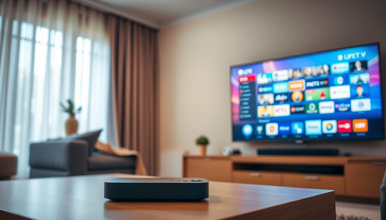 A well-lit living room with a sleek, modern Smart TV mounted on the wall. On a coffee table in the foreground, a high-end IPTV streaming box sits next to a minimalist remote control. The room is bathed in a warm, soft glow, creating a cozy atmosphere. The TV screen displays a vibrant, colorful interface showcasing a wide selection of popular live TV channels, hinting at the vast content available through the IPTV service. The overall scene conveys a sense of ease and convenience, suggesting the simplicity of setting up and enjoying a comprehensive IPTV subscription.