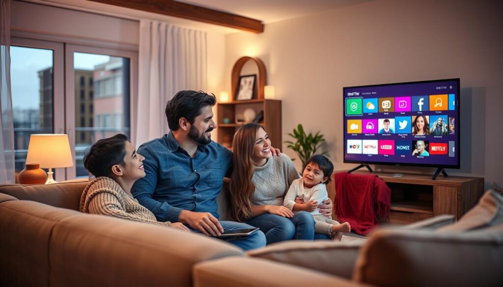 Famille profitant d'un service IPTV fonctionnant parfaitement sur leur Smart TV