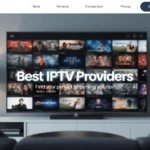 Featured image showing a modern living room with large TV and bold title 'Best IPTV Providers' overlayed in white text