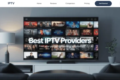 Featured image showing a modern living room with large TV and bold title 'Best IPTV Providers' overlayed in white text