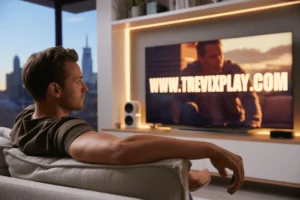 Man watching IPTV in a modern city-view apartment with www.trevixplay.com on the screen